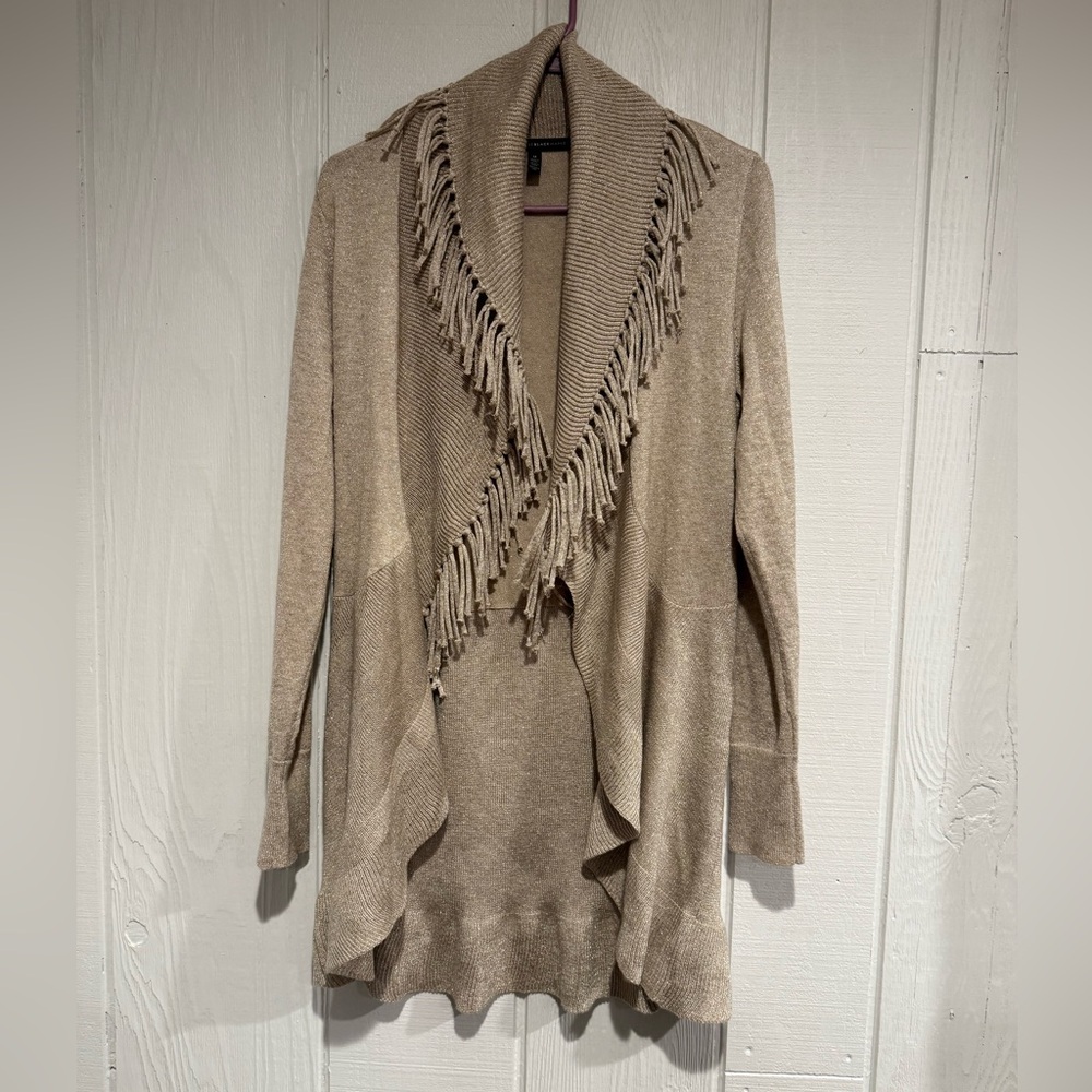 White House Black Market Beige Fringed Cardigan